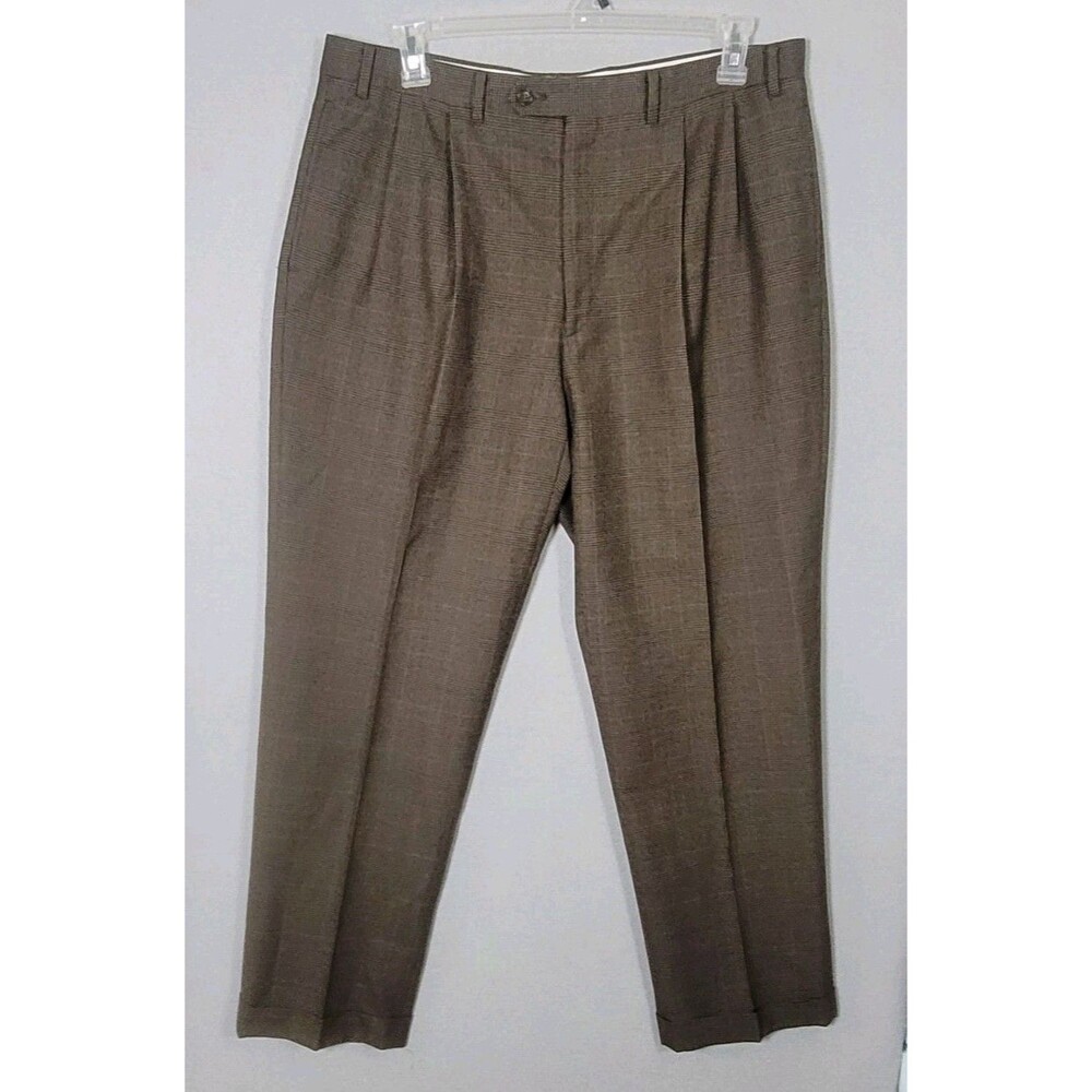 Turnbury Dress Pants Mens 36x30 (38x32 tag) Brown Check Wool Cashmere Pleated